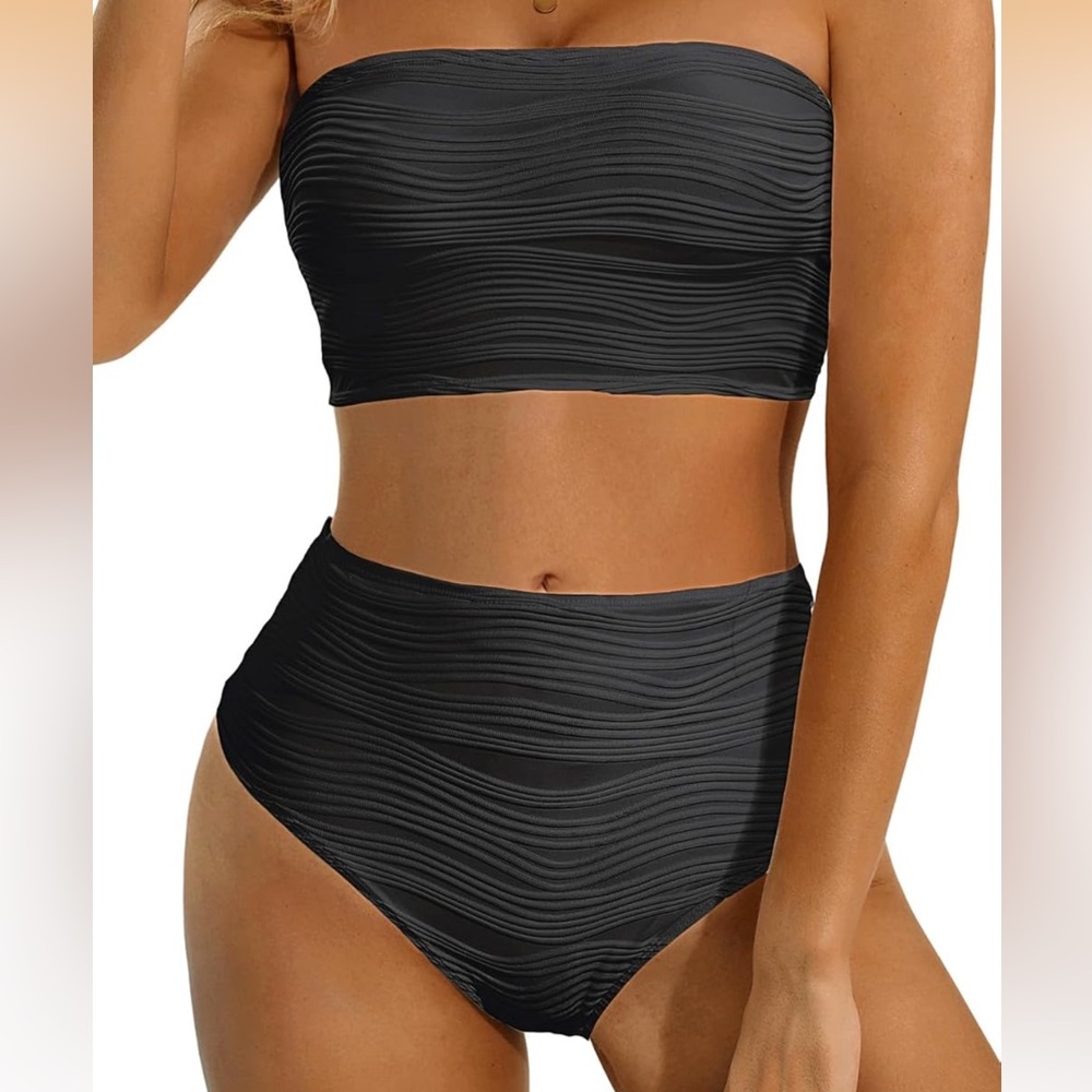 NWT High Waisted Strapless Bandeau Bikini Swimsuit Ribbed Full Coverage Black
